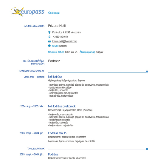 Frizura Nelli Europass Oneletrajz Sablon Hr Portal