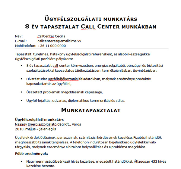 Ugyfelszolgalati Munkatars Jobangel Oneletrajz Mintaja Hr Portal