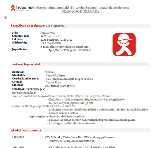 A Tjobs Oneletrajz Mintaja Szakacsoknak Hr Portal