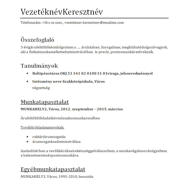 Oneletrajz Minta Arufeltoltoi Munkakorre Hr Portal