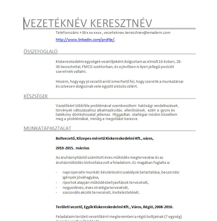 Oneletrajz Minta Boltvezetoknek Hr Portal