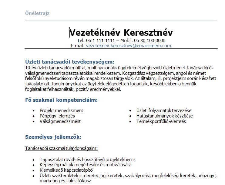 Oneletrajz Minta Uzleti Tanacsadoknak Hr Portal