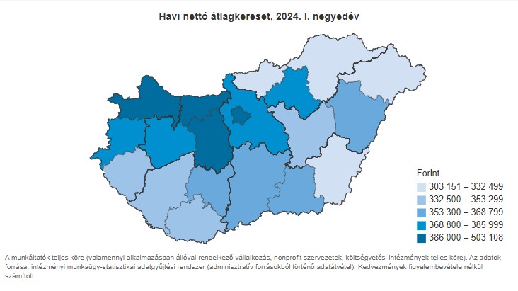 Térképen a magyar fizetések: Budapesten 503 ezer forint az átlagbér