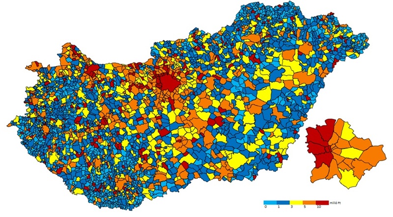 Az egy tőkésre jutó nettó tőkejövedelmek megoszlása településenként 2023-ban (millió Ft)