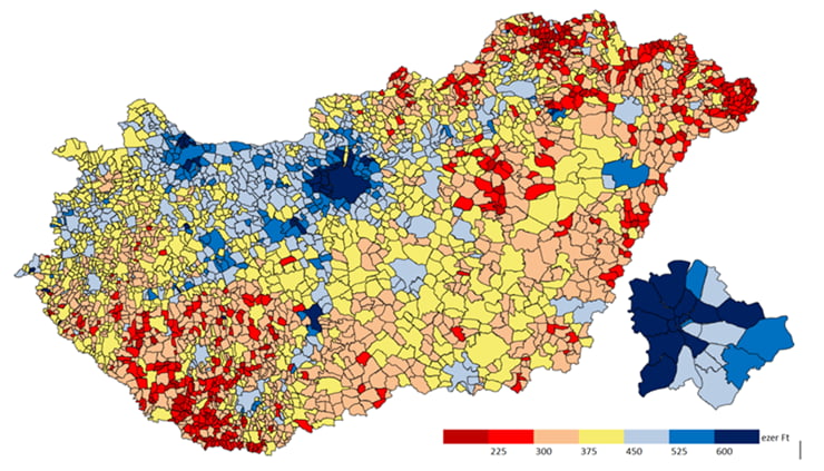 A nettó keresetek alakulása 2024-ben településenként (ezer Ft)