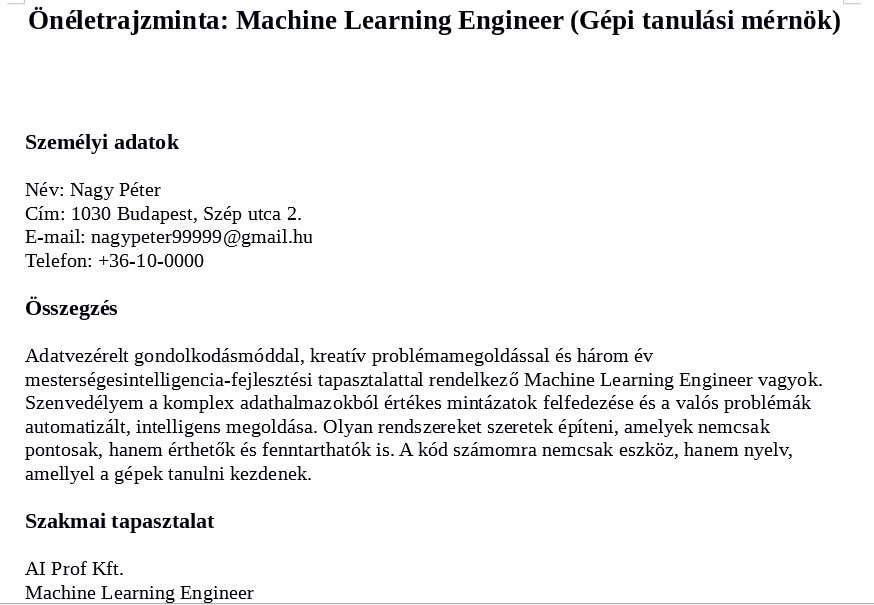 CV-minta Machine Learning Engineer