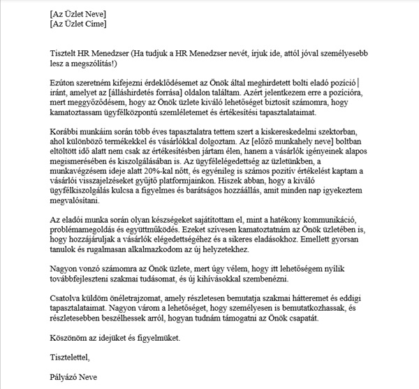 motivációs levél, bolti eladó