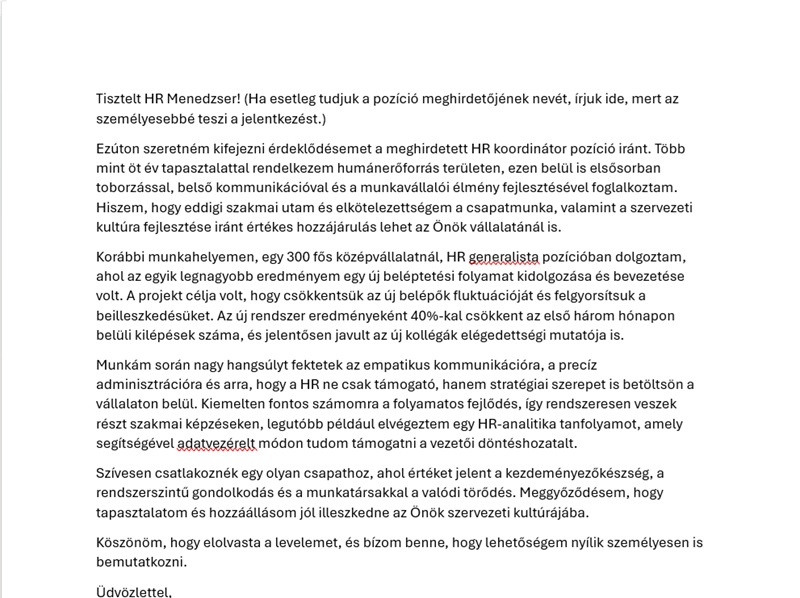 motivációs levél minta, hr koordinátor