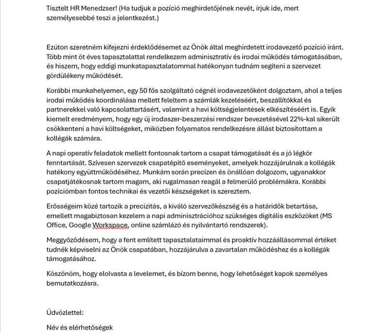 motivációs levél minta, irodavezető